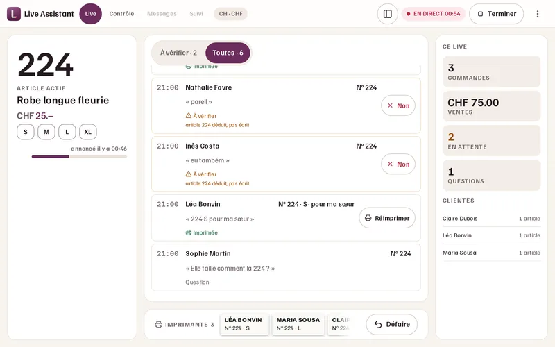 Écran Live de l’application : l’article 224 annoncé, les commentaires des clientes et les commandes proposées.