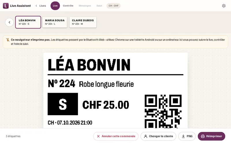 L’étiquette prête à imprimer, au nom de la cliente.