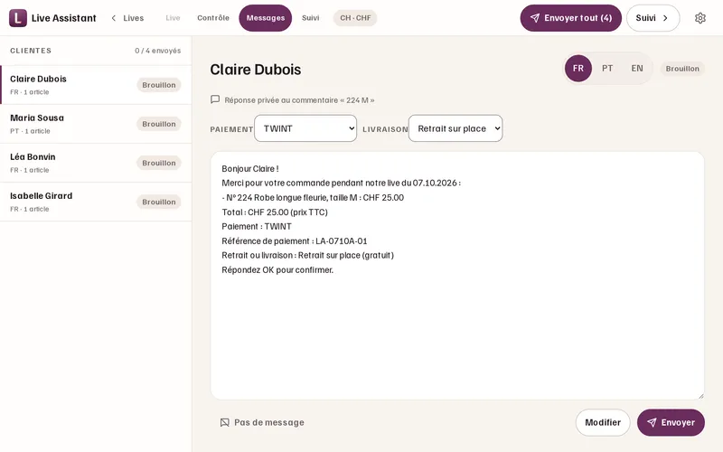 Les messages récapitulatifs, un par cliente, à valider avant l’envoi.