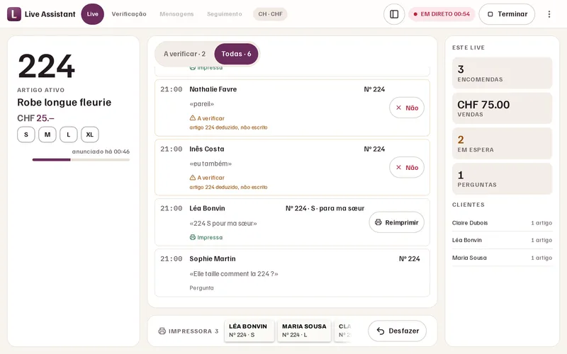 Ecrã Live da aplicação: o artigo 224 anunciado, os comentários das clientes e as encomendas propostas.