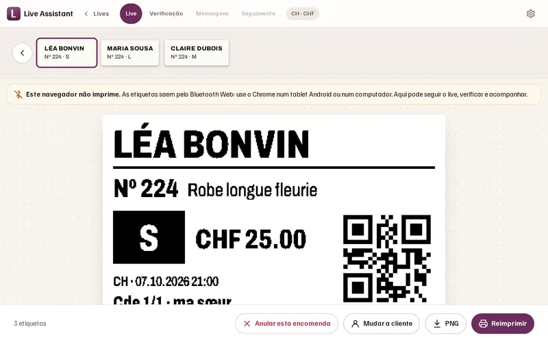 A etiqueta pronta a imprimir, com o nome da cliente.