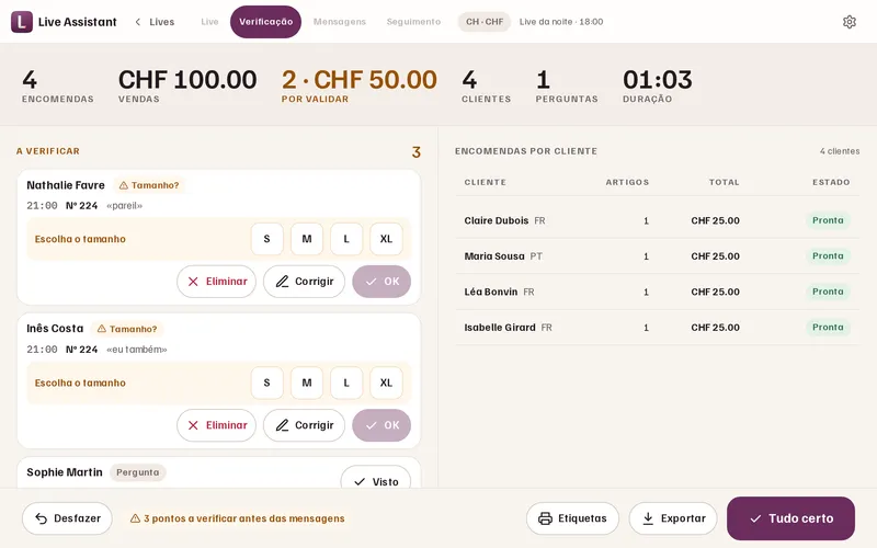 Ecrã de verificação depois do live: as encomendas agrupadas por cliente.