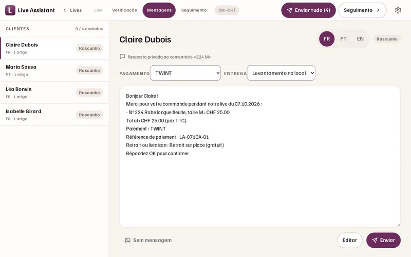 As mensagens de resumo, uma por cliente, a validar antes do envio.